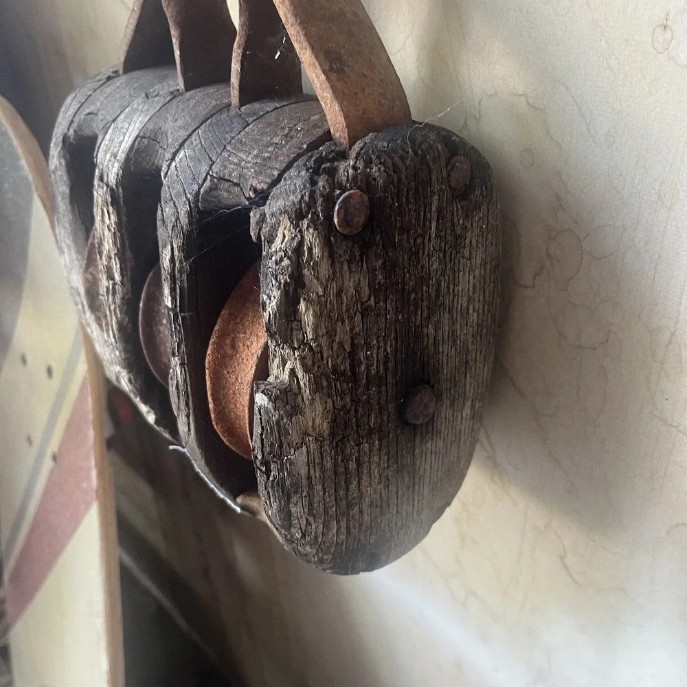 Vintage Industrial Triple Sheave Wooden Pulley